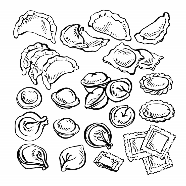 Vector sketch hand drawn vareniki. pelmeni. meat dumplings. food. cooking. national dishes. products from the dough and meat.