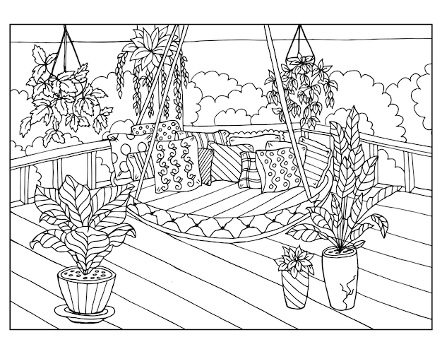 Vector sketch handdrawn hanging sofa on the terrace against the background of flowers in pots