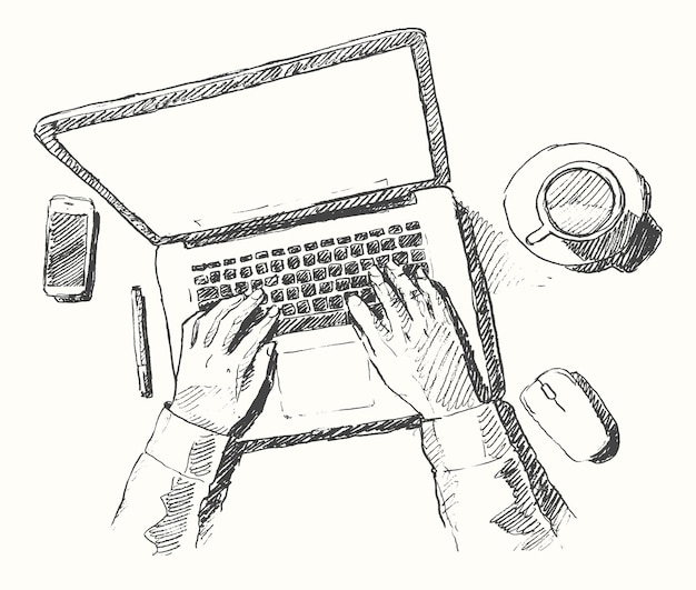 Vector sketch of hands with computer, man doing office work, top view, hand drawn vector illustration.