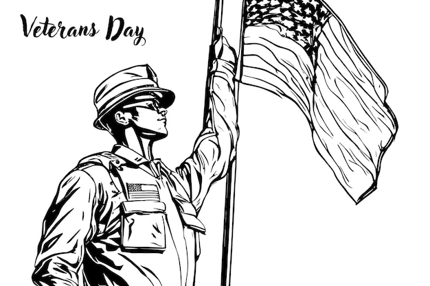 Вектор Нарисуйте счастливый день памяти, помните и чтите силуэт солдата, держащегося за американский флаг
