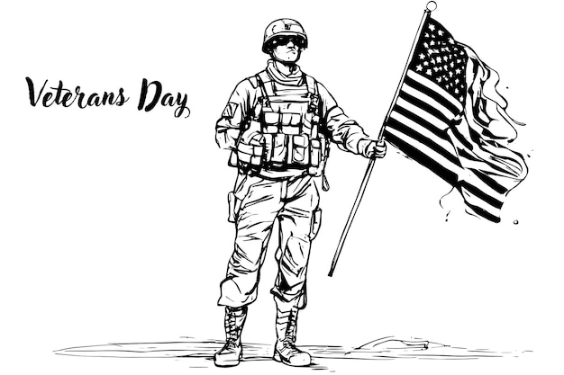 Vector sketch happy memorial day remember and honor silhouette of soldier holding on american flag