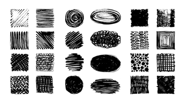 Набор для штриховки эскизов кисть набрасывает черные гранжевые формы для дизайна карандашная ручка или мел основные текстуры штриховки изолированный уголь каракули шикарный векторный пучок