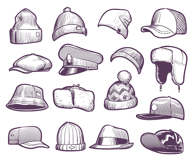 Vettore cappelli da disegno. cappellini da uomo di moda. cappelli sportivi e lavorati a maglia, baseball e trucker, copricapo stagionale che disegna la collezione di paraorecchie in pelliccia