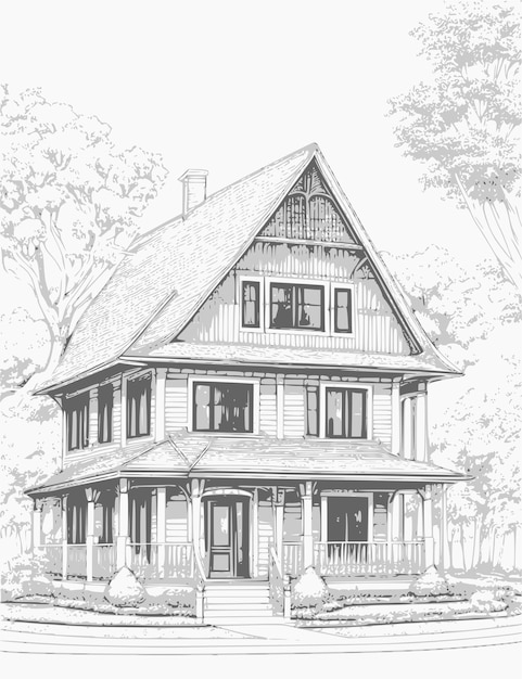 A sketch of a house with a wooden roof and a house on the front.