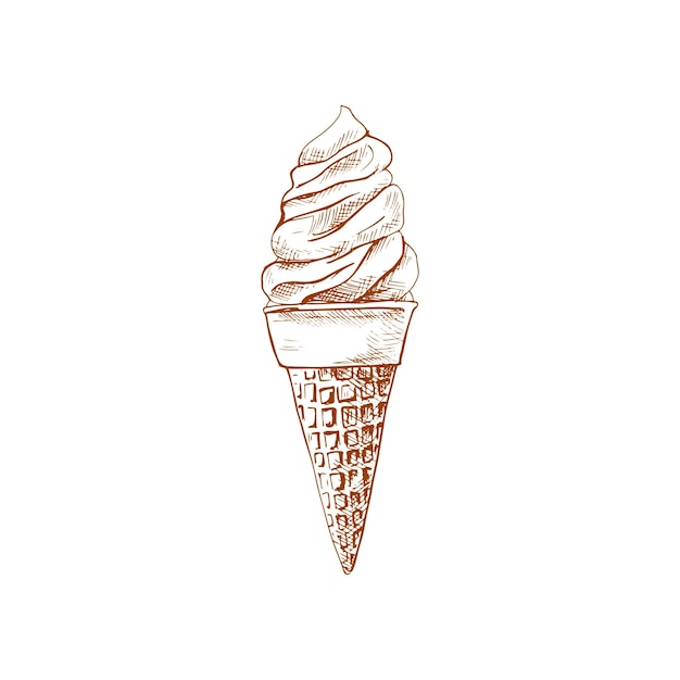 Vector sketch ice cream in waffle cone creamy swirl