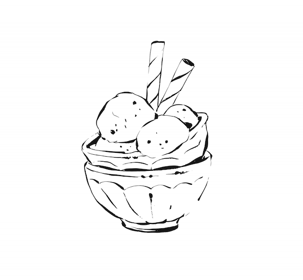 Vector sketch illustration drawing of ice cream scoops in glass cup isolated on white background.