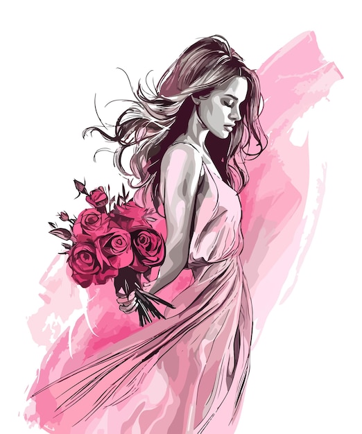 A sketch illustration of a girl holding her bouquet of roses