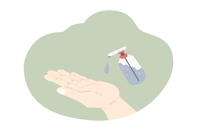 Schizzo del protocollo di disegno a mano dell'illustrazione sano usando il disinfettante per le mani