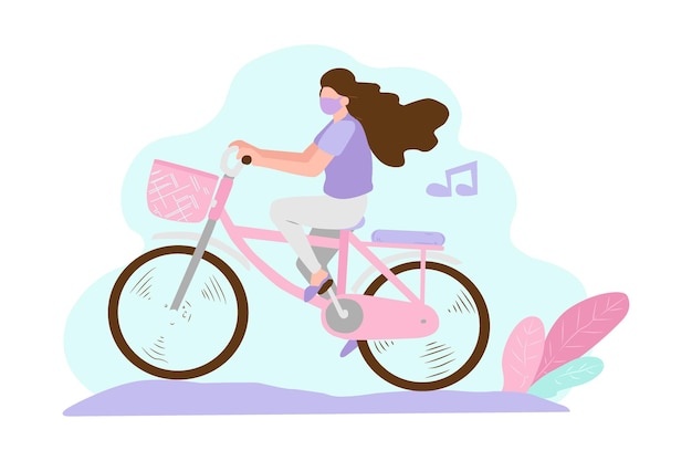 Эскиз иллюстрации рука рисунок женщина, езда на велосипеде, используя маску для здоровья