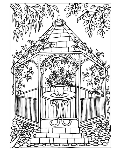 Sketch illustration handdrawn garden gazebo in wild roses and trees table with flowers