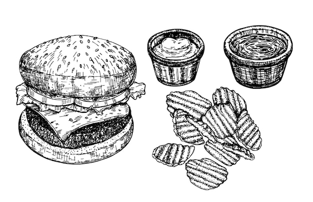 ビーフバーガーチップスとソースのスケッチイラストベクトルstilllife新鮮な朝食ファーストフード