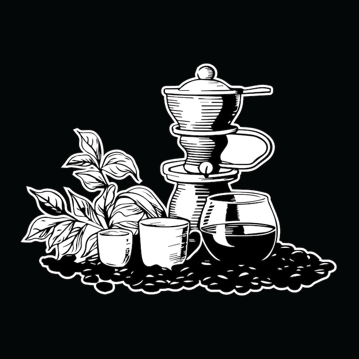 Vector sketch illustrations a cup of coffee and coffee beans black and white
