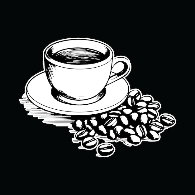 sketch illustrations a cup of coffee and coffee beans black and white