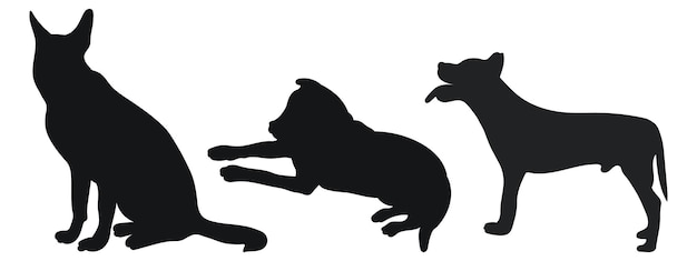 Vector sketch image of black silhouette dogs outline of pets go standing sitting lying lie running jumping