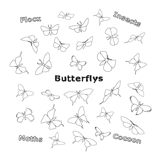 나비 낙서 떼 무리의 스케치 이미지