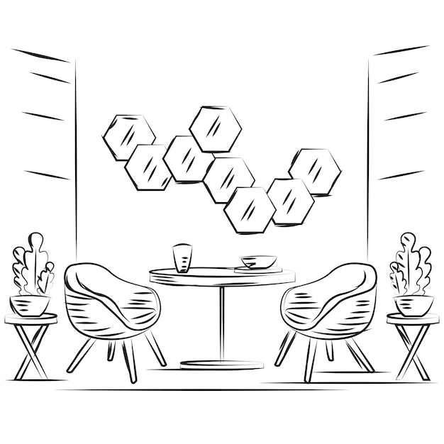 Vector sketch of an indoor living room design with mirros and a table vector illustration