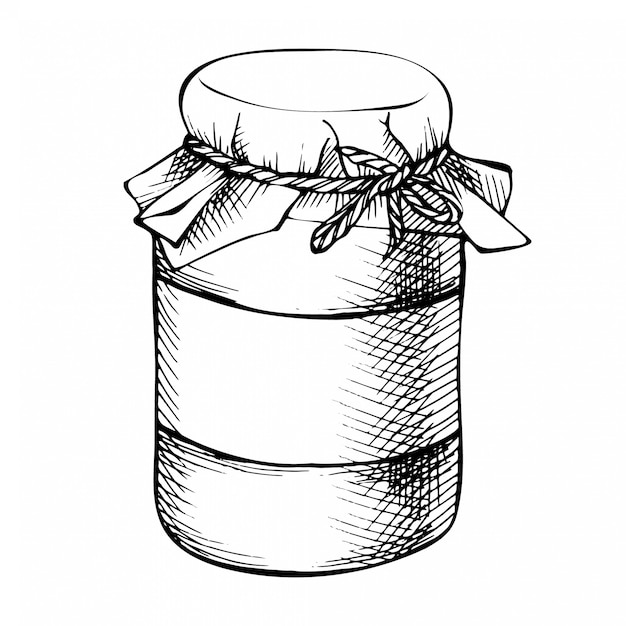 Vaso di muratore disegnato a mano di inchiostro di schizzo, bottiglia. barattolo conservante di vetro decorativo d'annata isolato su bianco.