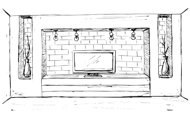 Sketch of the interior. Dresser with TV and shelves. Vector illustration.