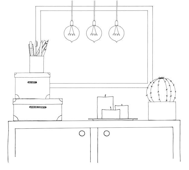 Sketch of the interior A table a bedside table a shelf with various interior items Can be used as a mock up