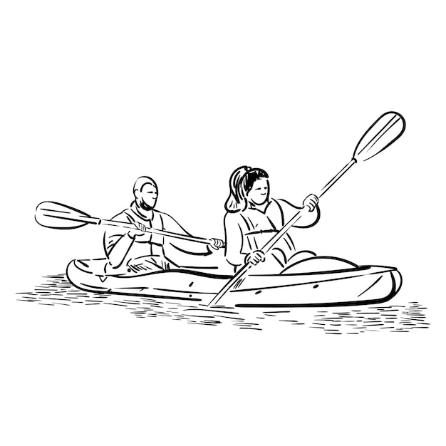 Disegno di persone in kayak sul lago del fiume uomo donna vista illustrazione disegnata a mano vettor doodle isolato