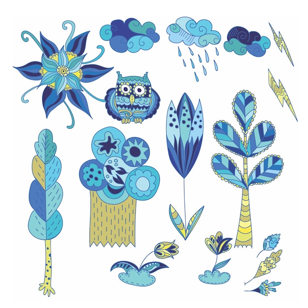 Sketch kid style forest symbols trees owl flowers and weather icons cloud with rain