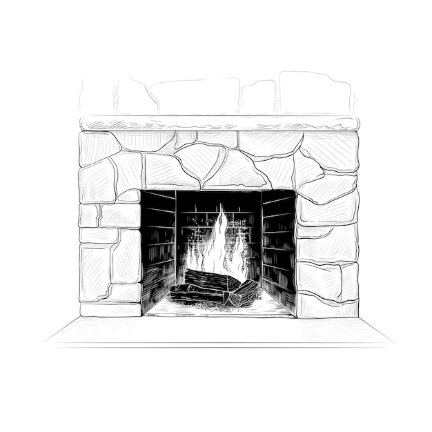 Sketch of the kindled fireplace vector vintage illustration hand drawn object on white background