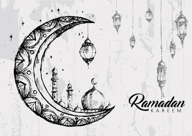 Vector sketch of lantern and half moon ramadan kareem on doodle style eid mubarak greeting card poster