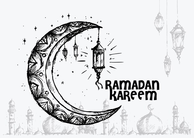 Vettore sketch di lanterna e mezzaluna ramadan kareem su un poster di biglietto di auguri di eid mubarak in stile doodle