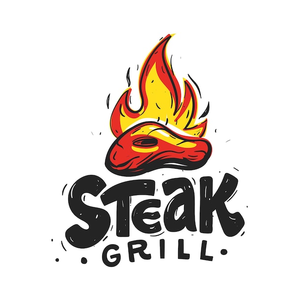 Vettore sketch lettering steak grill testo disegnato a mano con illustrazione carne in fiamme