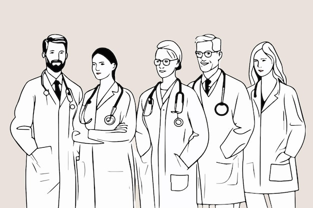 Sketch line art vector of doctors team on background. Vector illustration.