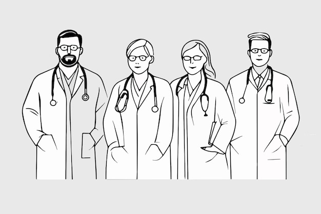 Sketch line art vector of doctors team on background. Vector illustration.