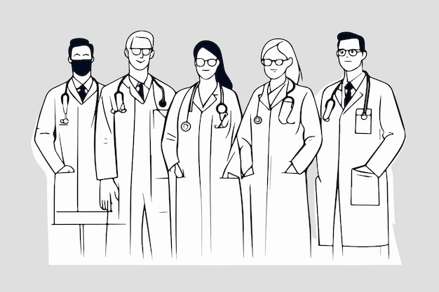 Sketch line art vector of doctors team on background. Vector illustration.