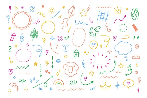 Vector sketch line simple elements such as cloud star heart shape hand drawn simple elements set