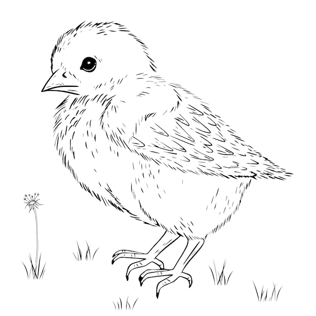 Эскиз маленькой курицы с травой и одуванчиком Чернильный рисунок Черно-белая гравированная иллюстрация