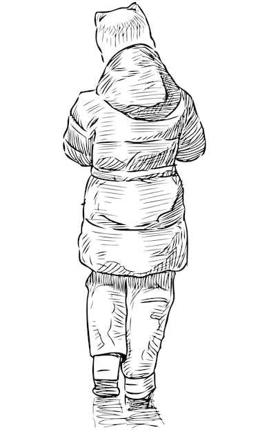 Sketch of little girl in jacket with hood going for a walk