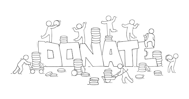 Vector sketch little people with big word donate