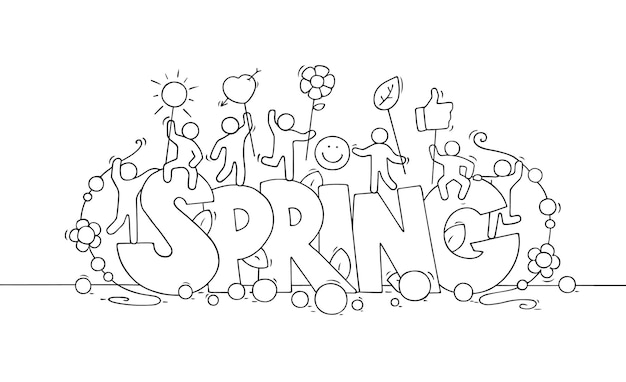 Sketch of little people with big word spring. doodle cute miniature scene about nature with life symbols. hand drawn cartoon vector illustration for social media and seasonal design.