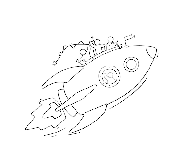 Sketch of little people with flying rocket. Doodle cute miniature scene of workers about start up. Hand drawn cartoon  illustration for business design.