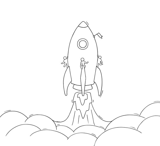 Sketch of little people with flying rocket.Hand drawn cartoon