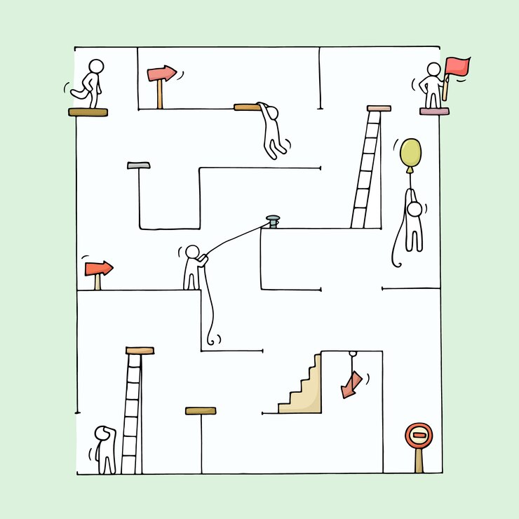 Vector sketch of little people with labyrinth.
