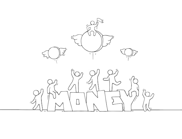 Sketch of little people with word Money