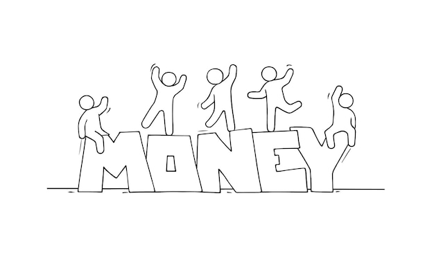 Sketch of little people with word money.