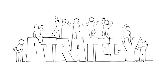 Vector sketch of little people with word strategy