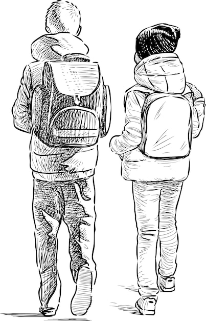 Vettore schizzo di piccoli scolari che camminano insieme all'aperto