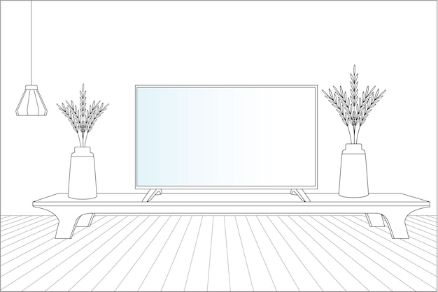 A sketch of a living room with a tv and two vases with flowers.