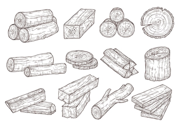 Schizzo di legname. tronchi, tronco e assi di legno. insieme isolato disegnato a mano dei materiali da costruzione di silvicoltura. illustrazione di legname di legno, tronco di albero tagliato