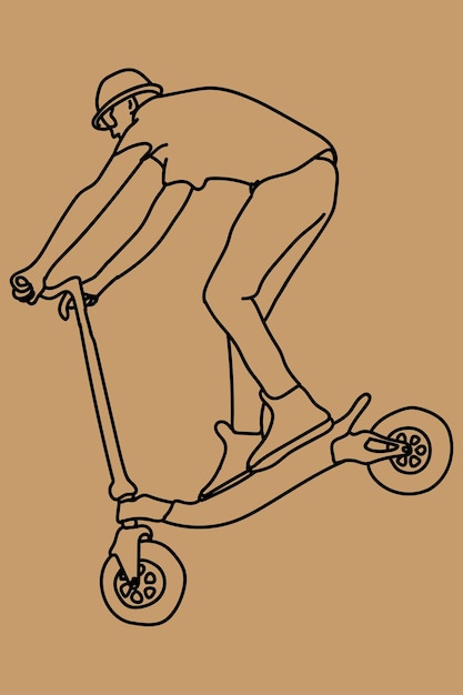 Schizzo uomo che gioca scooter line art