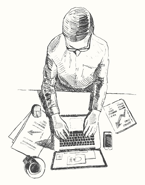 컴퓨터를 가진 남자의 스케치, 사무 작업, 손으로 그린 벡터 삽화. 평면도.