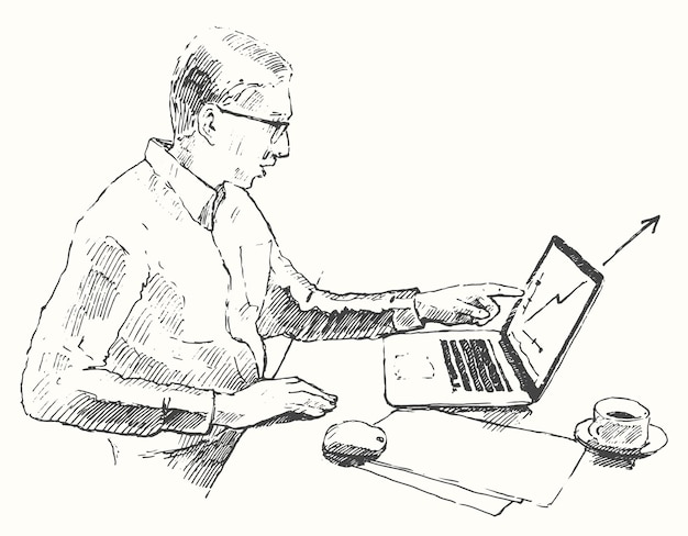 Vector sketch of man with computer, doing office work, hand drawn vector illustration.