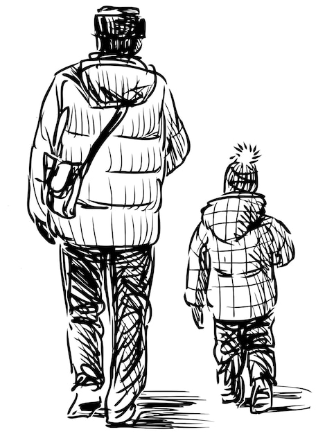 Sketch of a man with his little child walking together for a stroll